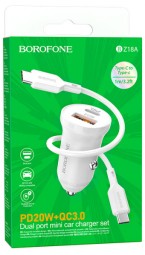 Автомобильное заряд. устр. Borofone BZ18A 1USB/1USB-C с кабелем T-C-T-C PD20W+QC3.0 белый