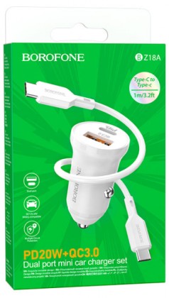 Автомобильное заряд. устр. Borofone BZ18A 1USB/1USB-C с кабелем T-C-T-C PD20W+QC3.0 белый