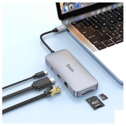 OTG TYPE-C 8в1 Hoco HB32 3USB/HDTV/PD/SD/TF/RJ45 серое