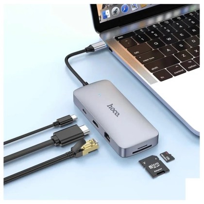 OTG TYPE-C 8в1 Hoco HB32 3USB/HDTV/PD/SD/TF/RJ45 серое