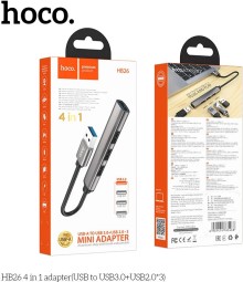 Кабель-переходник Hoco HB26 USB на 3USB2.0/1USB3.0 серый