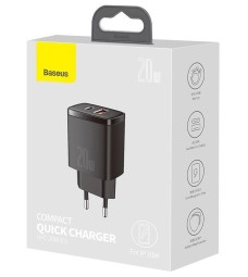Сетевое зарядное устройство с быстрой зарядкой Baseus Compact 20вт 1USB/1C, черное