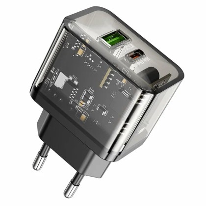 Сетевое зар. устр. Hoco N34 1USB/1USB-С QC3.0/PD 18W/20W прозрачное
